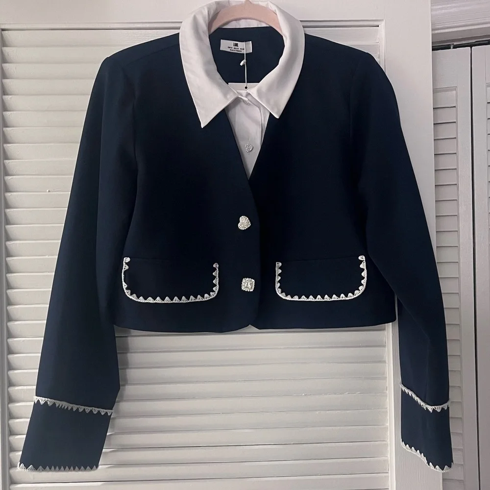 LINE Cropped Straight Cut Navy Blazer Shirt Top in Size M - Picture 3 of 6